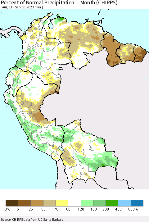 Northern South America Percent of Normal Precipitation 1-Month (CHIRPS) Thematic Map For 8/11/2023 - 9/10/2023