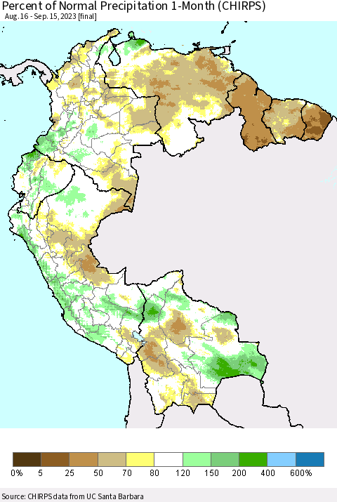 Northern South America Percent of Normal Precipitation 1-Month (CHIRPS) Thematic Map For 8/16/2023 - 9/15/2023