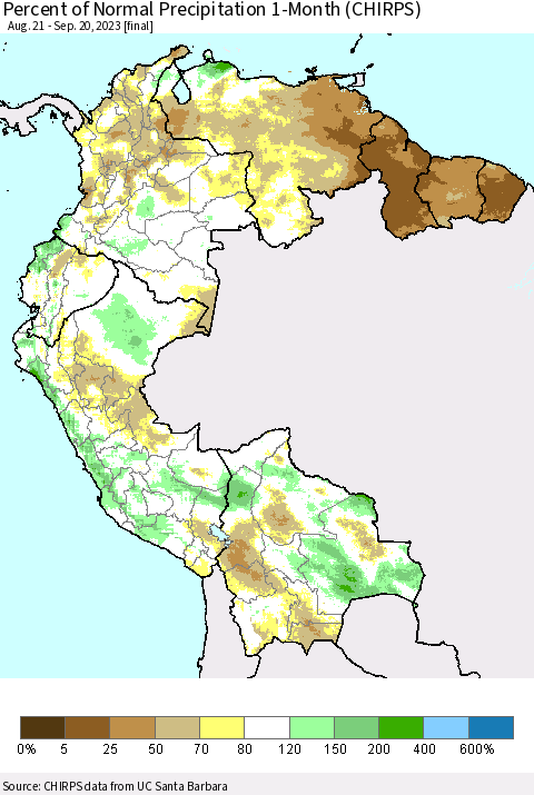 Northern South America Percent of Normal Precipitation 1-Month (CHIRPS) Thematic Map For 8/21/2023 - 9/20/2023
