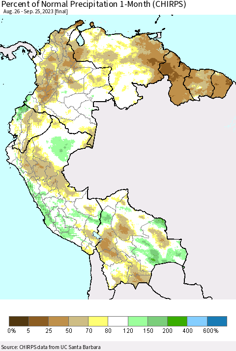 Northern South America Percent of Normal Precipitation 1-Month (CHIRPS) Thematic Map For 8/26/2023 - 9/25/2023