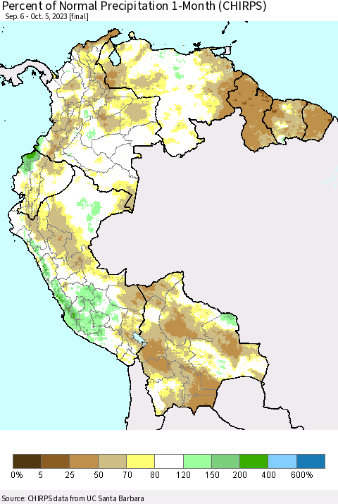 Northern South America Percent of Normal Precipitation 1-Month (CHIRPS) Thematic Map For 9/6/2023 - 10/5/2023