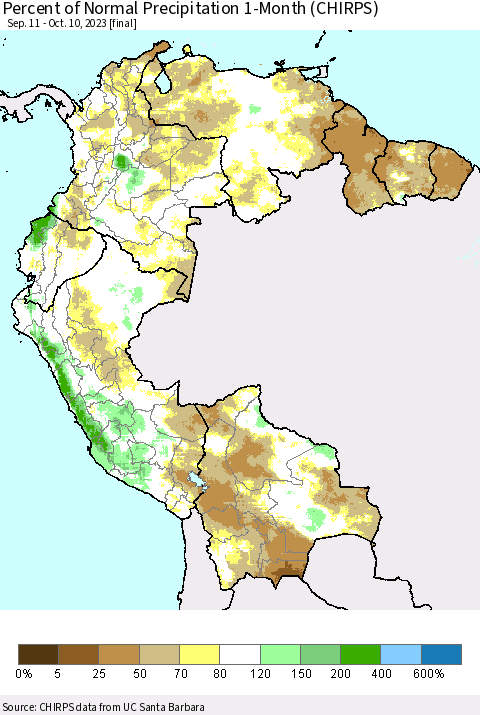 Northern South America Percent of Normal Precipitation 1-Month (CHIRPS) Thematic Map For 9/11/2023 - 10/10/2023