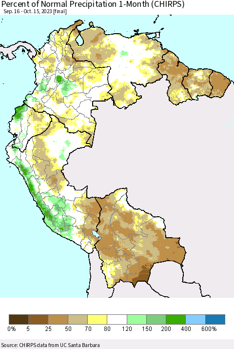 Northern South America Percent of Normal Precipitation 1-Month (CHIRPS) Thematic Map For 9/16/2023 - 10/15/2023