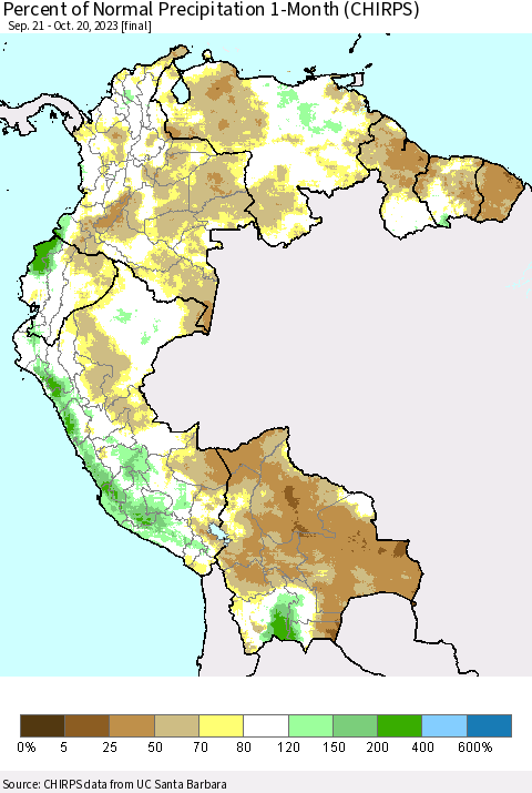 Northern South America Percent of Normal Precipitation 1-Month (CHIRPS) Thematic Map For 9/21/2023 - 10/20/2023