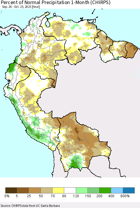 Northern South America Percent of Normal Precipitation 1-Month (CHIRPS) Thematic Map For 9/26/2023 - 10/25/2023