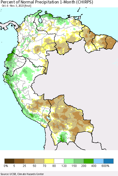 Northern South America Percent of Normal Precipitation 1-Month (CHIRPS) Thematic Map For 10/6/2023 - 11/5/2023