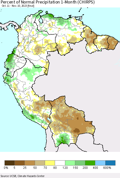 Northern South America Percent of Normal Precipitation 1-Month (CHIRPS) Thematic Map For 10/11/2023 - 11/10/2023