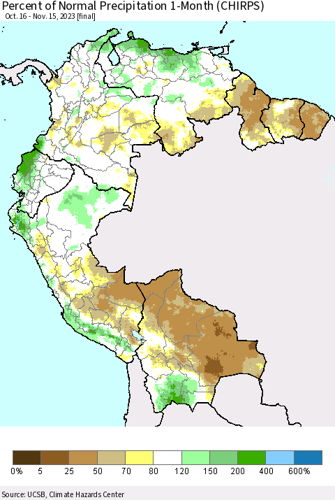 Northern South America Percent of Normal Precipitation 1-Month (CHIRPS) Thematic Map For 10/16/2023 - 11/15/2023