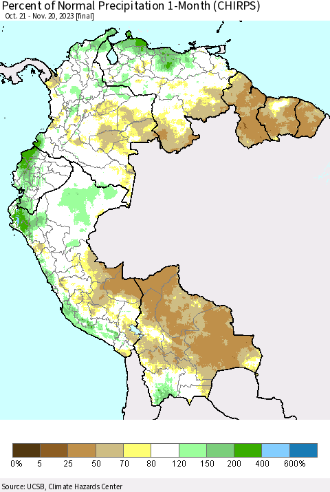 Northern South America Percent of Normal Precipitation 1-Month (CHIRPS) Thematic Map For 10/21/2023 - 11/20/2023
