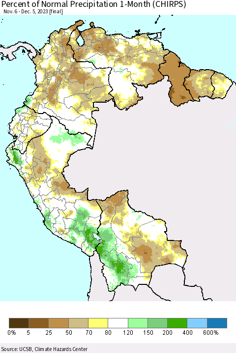 Northern South America Percent of Normal Precipitation 1-Month (CHIRPS) Thematic Map For 11/6/2023 - 12/5/2023