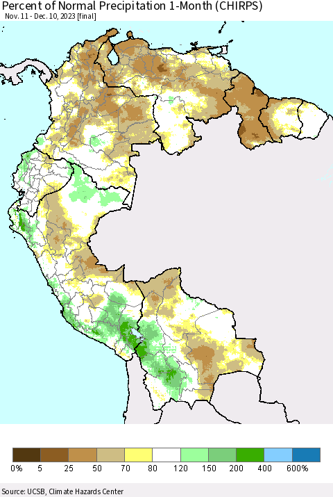 Northern South America Percent of Normal Precipitation 1-Month (CHIRPS) Thematic Map For 11/11/2023 - 12/10/2023