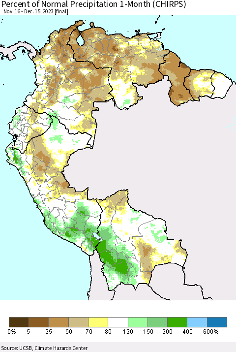 Northern South America Percent of Normal Precipitation 1-Month (CHIRPS) Thematic Map For 11/16/2023 - 12/15/2023