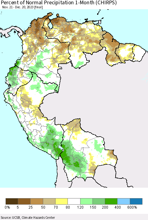 Northern South America Percent of Normal Precipitation 1-Month (CHIRPS) Thematic Map For 11/21/2023 - 12/20/2023