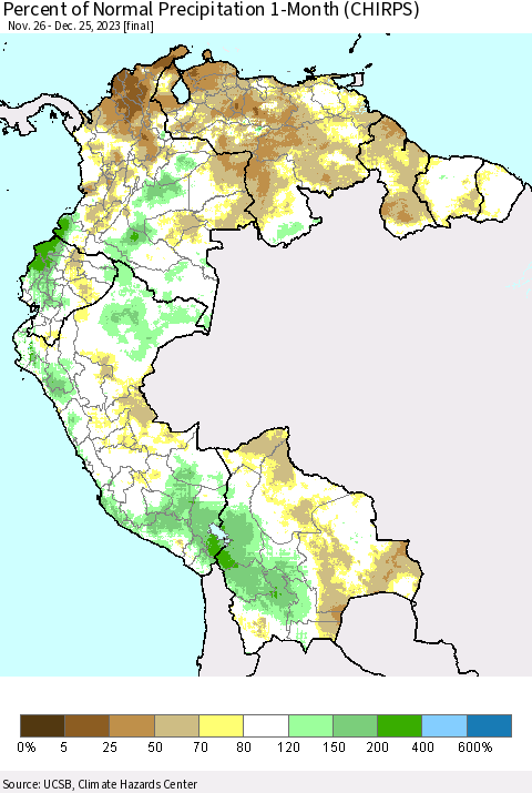 Northern South America Percent of Normal Precipitation 1-Month (CHIRPS) Thematic Map For 11/26/2023 - 12/25/2023