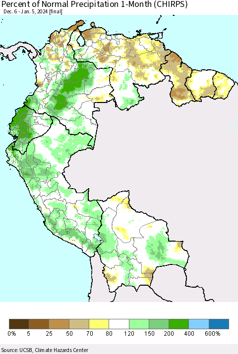 Northern South America Percent of Normal Precipitation 1-Month (CHIRPS) Thematic Map For 12/6/2023 - 1/5/2024