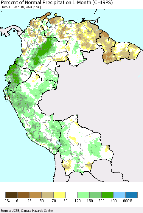 Northern South America Percent of Normal Precipitation 1-Month (CHIRPS) Thematic Map For 12/11/2023 - 1/10/2024