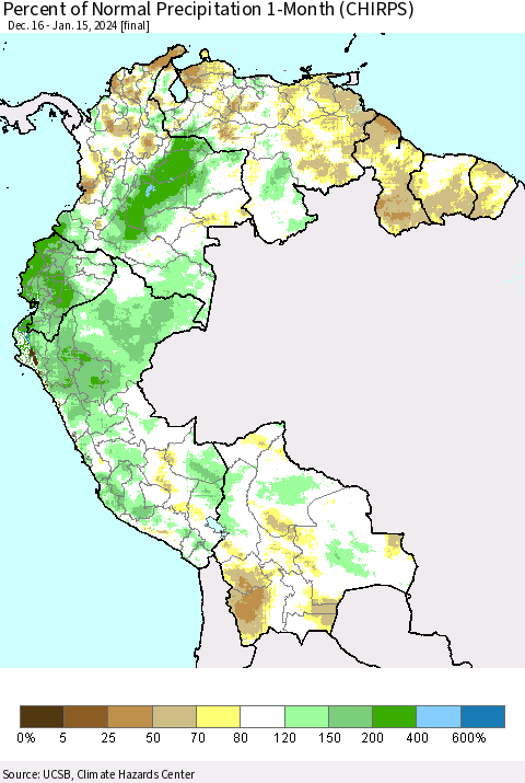 Northern South America Percent of Normal Precipitation 1-Month (CHIRPS) Thematic Map For 12/16/2023 - 1/15/2024