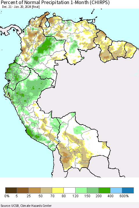 Northern South America Percent of Normal Precipitation 1-Month (CHIRPS) Thematic Map For 12/21/2023 - 1/20/2024