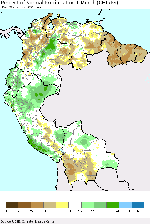 Northern South America Percent of Normal Precipitation 1-Month (CHIRPS) Thematic Map For 12/26/2023 - 1/25/2024