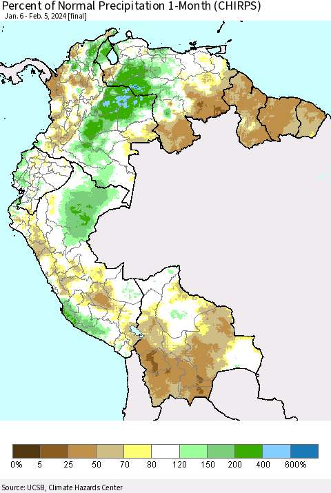 Northern South America Percent of Normal Precipitation 1-Month (CHIRPS) Thematic Map For 1/6/2024 - 2/5/2024