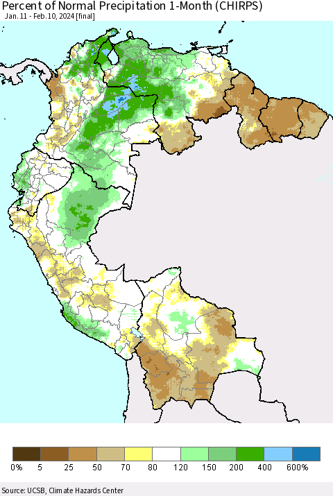 Northern South America Percent of Normal Precipitation 1-Month (CHIRPS) Thematic Map For 1/11/2024 - 2/10/2024