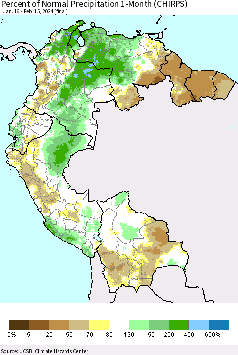 Northern South America Percent of Normal Precipitation 1-Month (CHIRPS) Thematic Map For 1/16/2024 - 2/15/2024