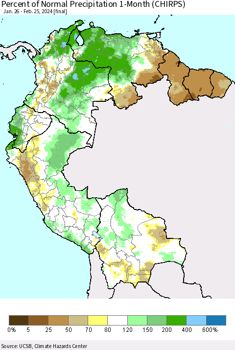Northern South America Percent of Normal Precipitation 1-Month (CHIRPS) Thematic Map For 1/26/2024 - 2/25/2024