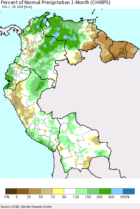 Northern South America Percent of Normal Precipitation 1-Month (CHIRPS) Thematic Map For 2/1/2024 - 2/29/2024