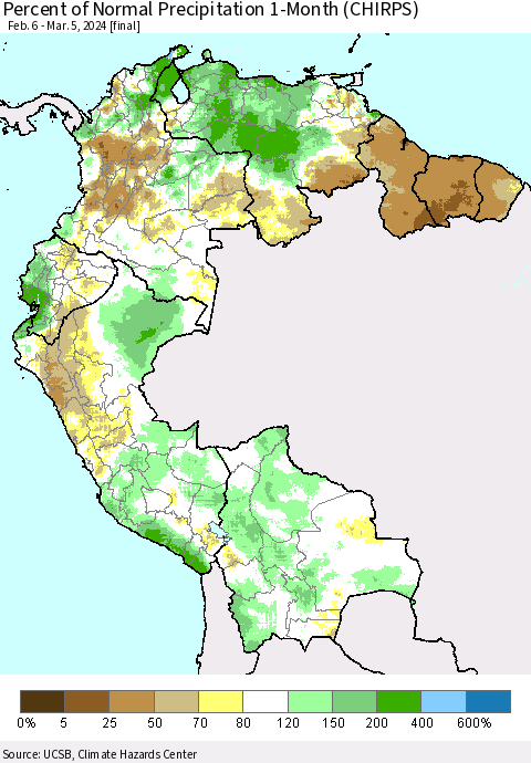 Northern South America Percent of Normal Precipitation 1-Month (CHIRPS) Thematic Map For 2/6/2024 - 3/5/2024