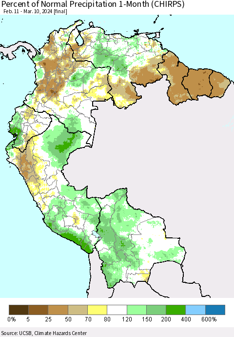 Northern South America Percent of Normal Precipitation 1-Month (CHIRPS) Thematic Map For 2/11/2024 - 3/10/2024