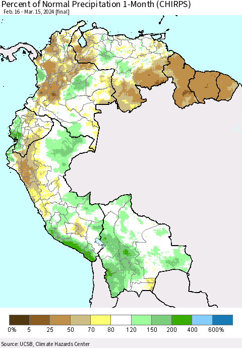 Northern South America Percent of Normal Precipitation 1-Month (CHIRPS) Thematic Map For 2/16/2024 - 3/15/2024