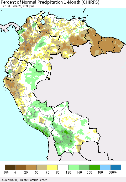 Northern South America Percent of Normal Precipitation 1-Month (CHIRPS) Thematic Map For 2/21/2024 - 3/20/2024