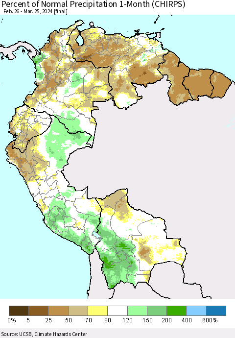 Northern South America Percent of Normal Precipitation 1-Month (CHIRPS) Thematic Map For 2/26/2024 - 3/25/2024