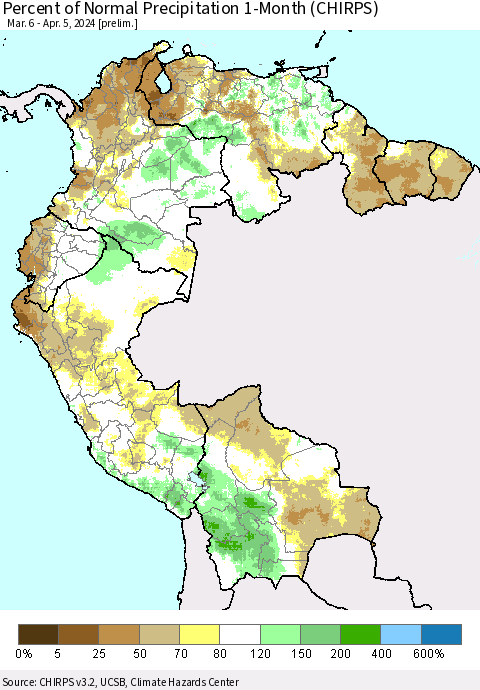 Northern South America Percent of Normal Precipitation 1-Month (CHIRPS) Thematic Map For 3/6/2024 - 4/5/2024