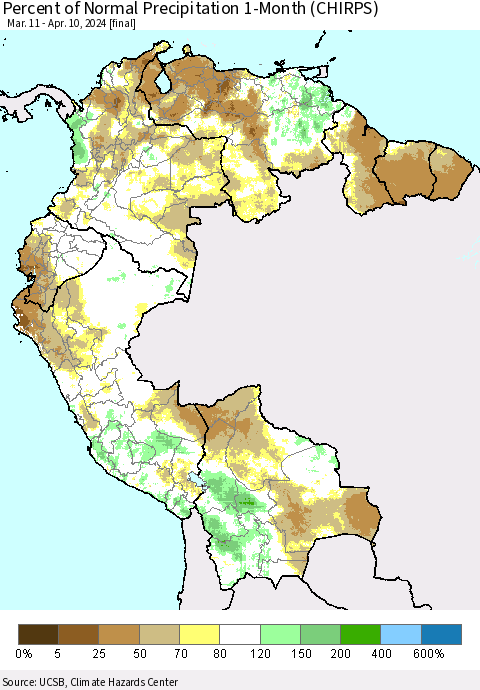 Northern South America Percent of Normal Precipitation 1-Month (CHIRPS) Thematic Map For 3/11/2024 - 4/10/2024