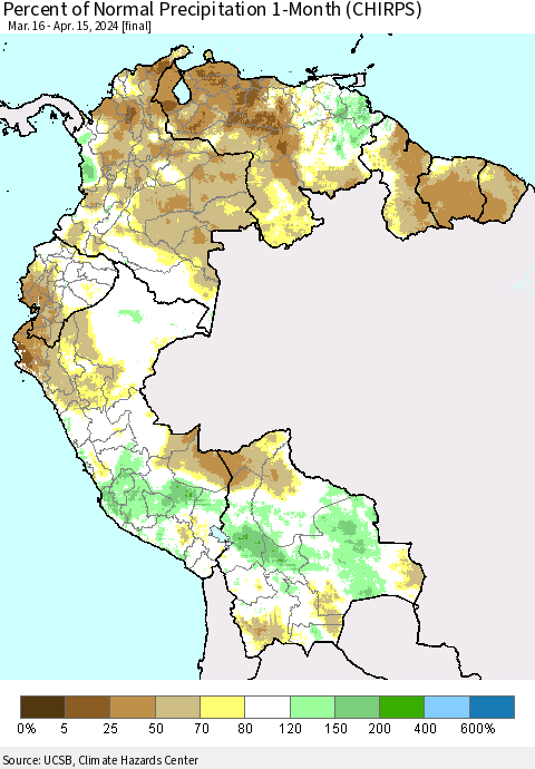 Northern South America Percent of Normal Precipitation 1-Month (CHIRPS) Thematic Map For 3/16/2024 - 4/15/2024