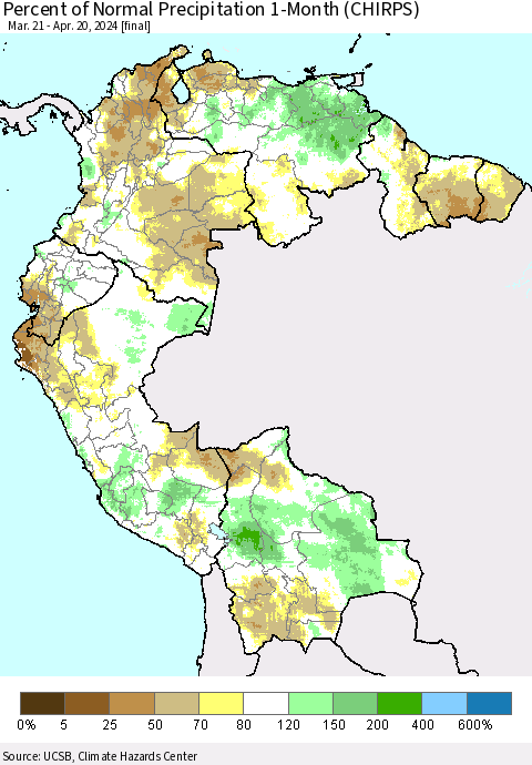 Northern South America Percent of Normal Precipitation 1-Month (CHIRPS) Thematic Map For 3/21/2024 - 4/20/2024
