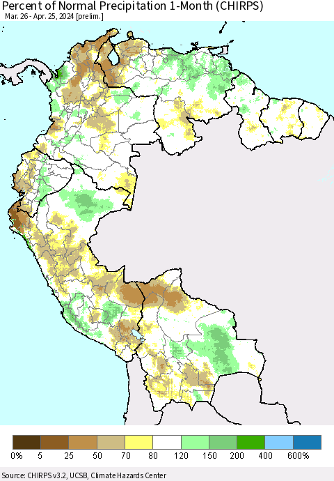 Northern South America Percent of Normal Precipitation 1-Month (CHIRPS) Thematic Map For 3/26/2024 - 4/25/2024