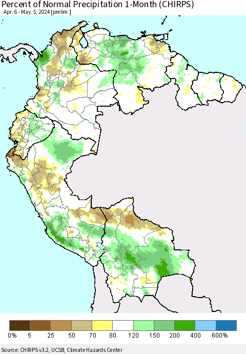 Northern South America Percent of Normal Precipitation 1-Month (CHIRPS) Thematic Map For 4/6/2024 - 5/5/2024