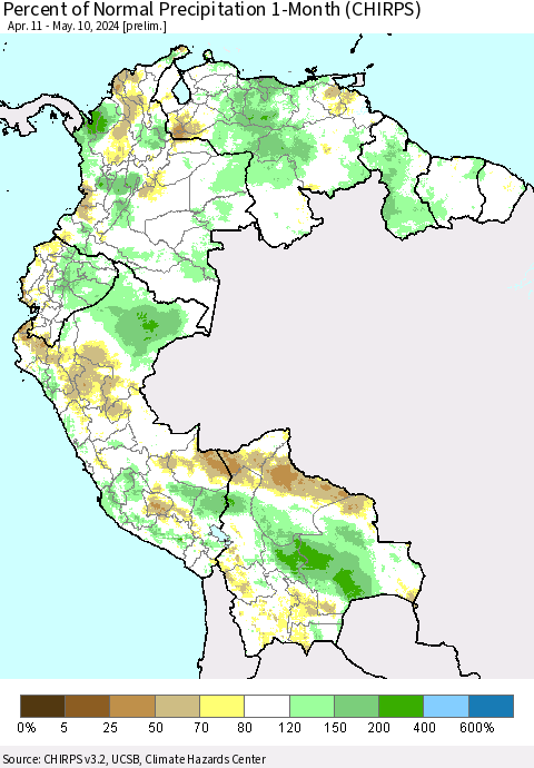 Northern South America Percent of Normal Precipitation 1-Month (CHIRPS) Thematic Map For 4/11/2024 - 5/10/2024