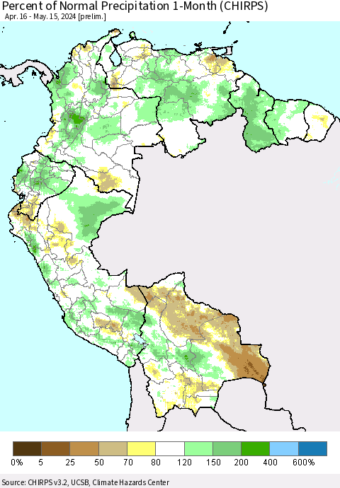 Northern South America Percent of Normal Precipitation 1-Month (CHIRPS) Thematic Map For 4/16/2024 - 5/15/2024