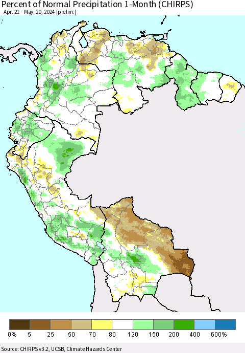 Northern South America Percent of Normal Precipitation 1-Month (CHIRPS) Thematic Map For 4/21/2024 - 5/20/2024
