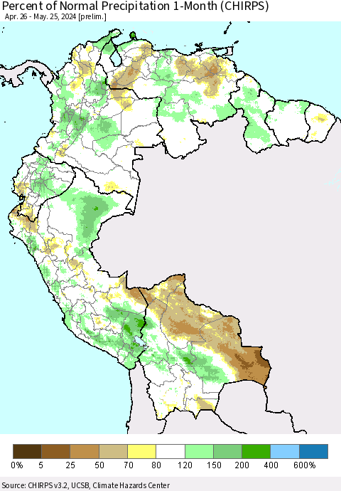 Northern South America Percent of Normal Precipitation 1-Month (CHIRPS) Thematic Map For 4/26/2024 - 5/25/2024