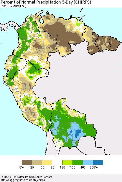 Northern South America Percent of Normal Precipitation 5-Day (CHIRPS) Thematic Map For 4/1/2019 - 4/5/2019