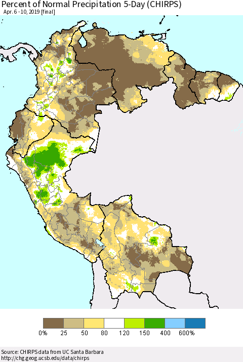 Northern South America Percent of Normal Precipitation 5-Day (CHIRPS) Thematic Map For 4/6/2019 - 4/10/2019