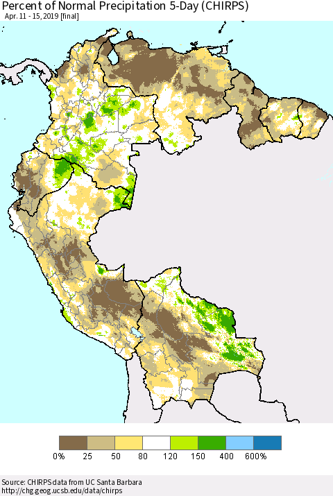 Northern South America Percent of Normal Precipitation 5-Day (CHIRPS) Thematic Map For 4/11/2019 - 4/15/2019