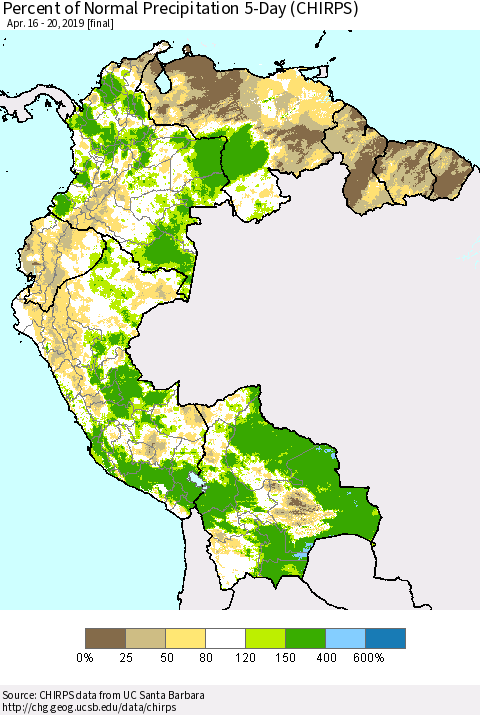 Northern South America Percent of Normal Precipitation 5-Day (CHIRPS) Thematic Map For 4/16/2019 - 4/20/2019