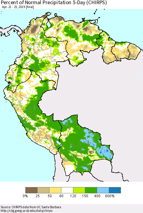 Northern South America Percent of Normal Precipitation 5-Day (CHIRPS) Thematic Map For 4/21/2019 - 4/25/2019