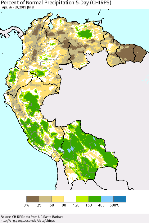 Northern South America Percent of Normal Precipitation 5-Day (CHIRPS) Thematic Map For 4/26/2019 - 4/30/2019