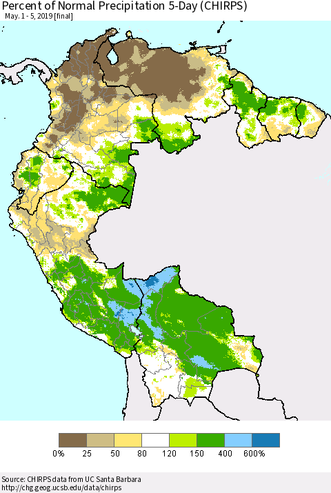 Northern South America Percent of Normal Precipitation 5-Day (CHIRPS) Thematic Map For 5/1/2019 - 5/5/2019